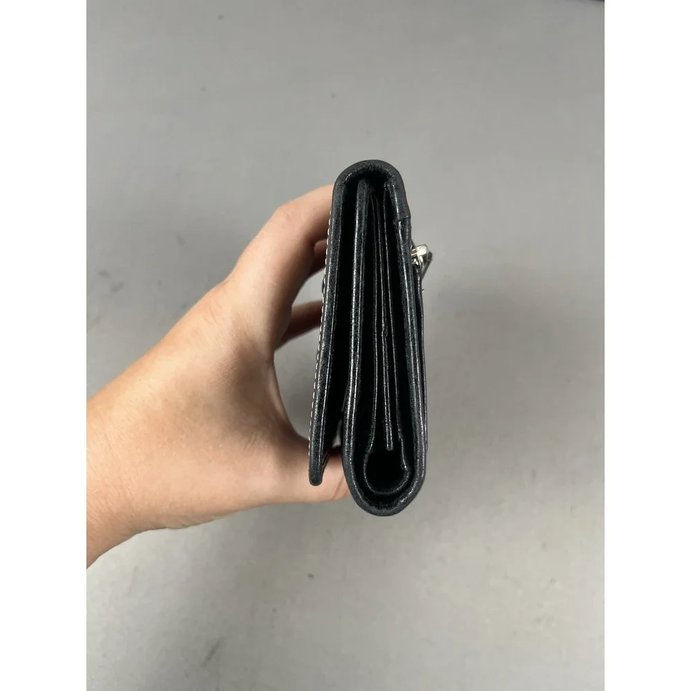 Vintage Isabella Fiore Black Leather Wallet Y2K Silver Buckle Trifold